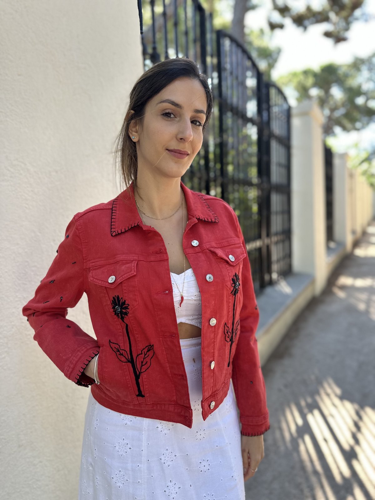 Red jacket with black flowers | Sandra Embroidery Art